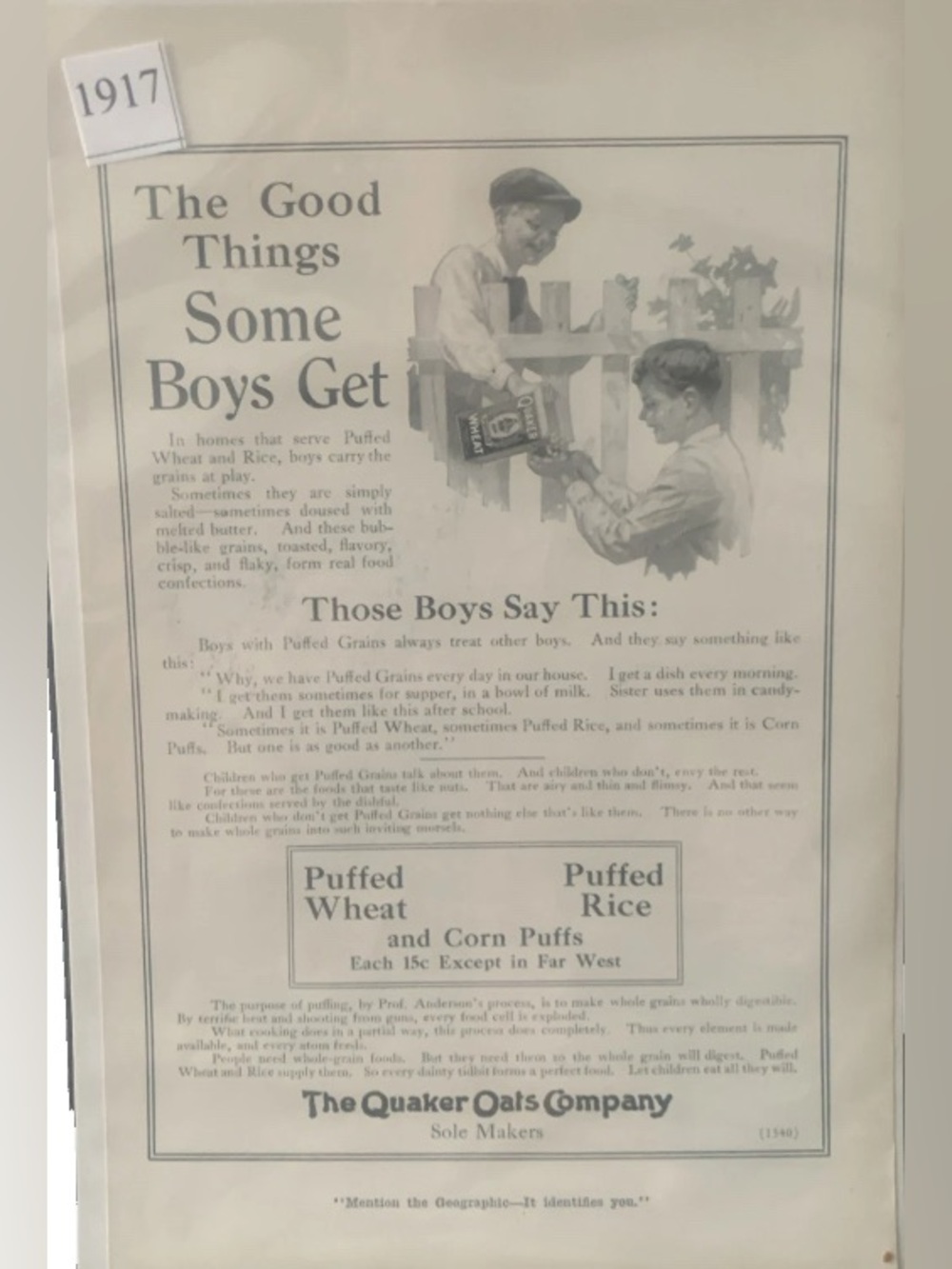 Vintage 1917 Quaker Oats Company The Good Things Some Boys Get Ad Advertisement